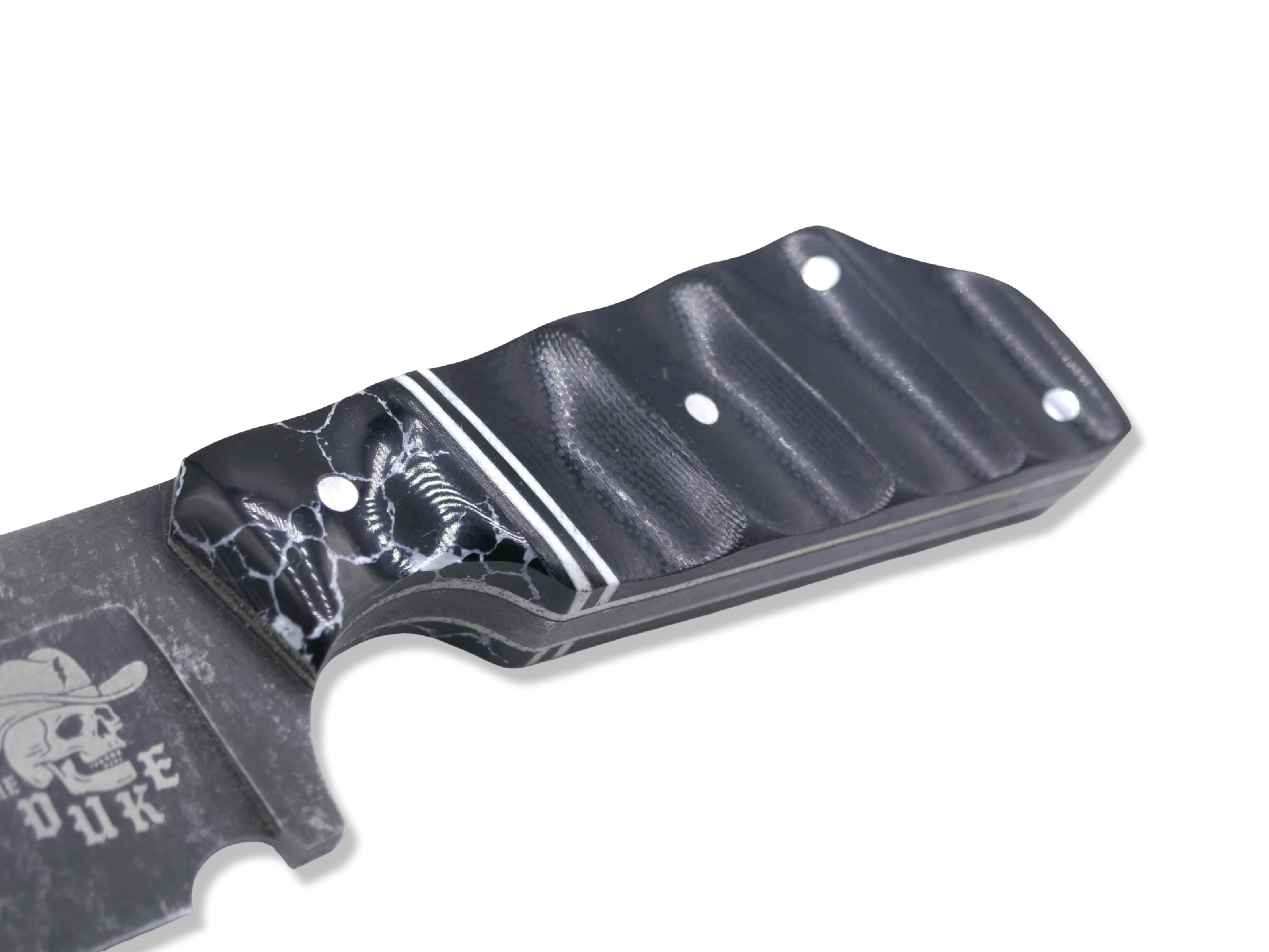 The Duke Custom 1 of 1 - Dark Stonewash Finish / Tru Stone Front / Black + White G-10 Splits / White G-10 Liner - SHEATH INCLUDED
