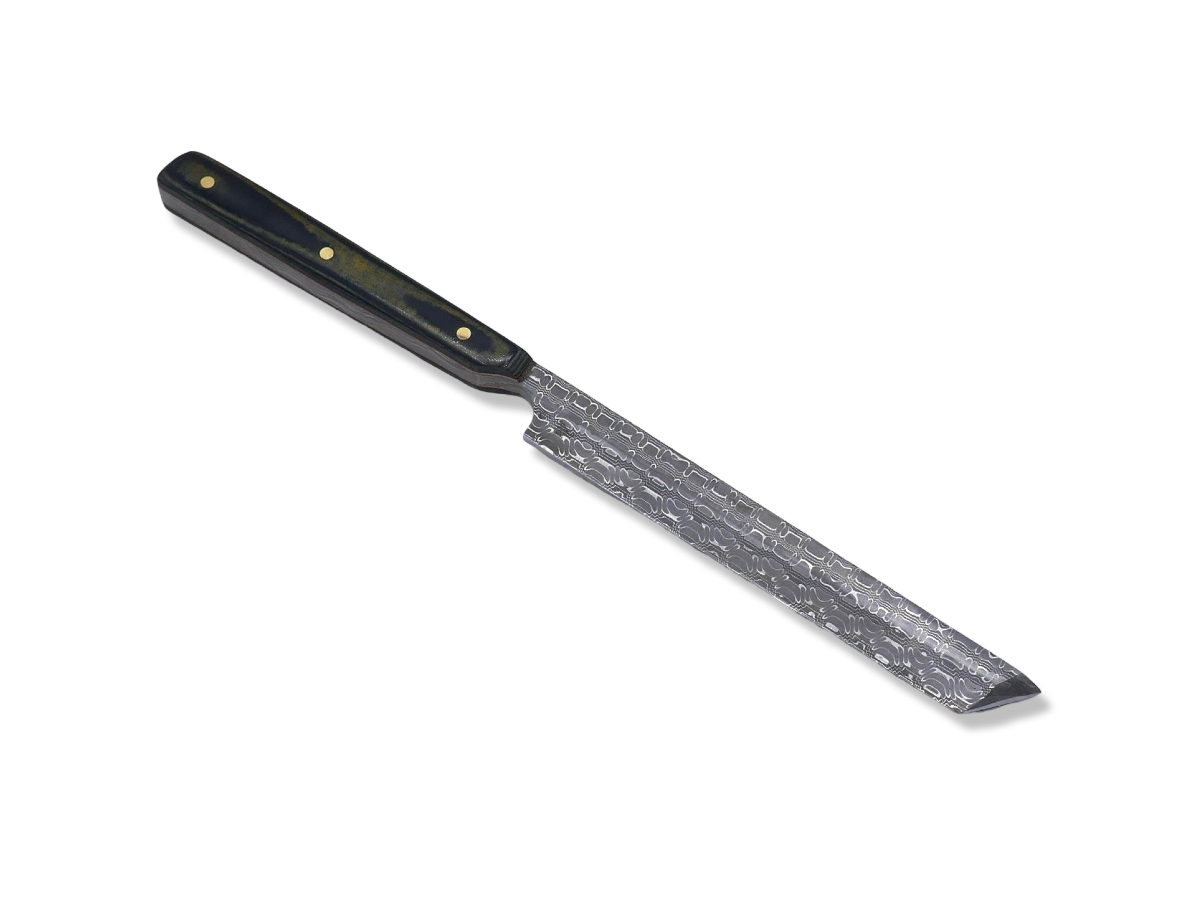 Tanto Scalpel - Vegas Forge Stainless Reptilian San Mai / 70’s Westinghouse Tan / Black Canvas Micarta
