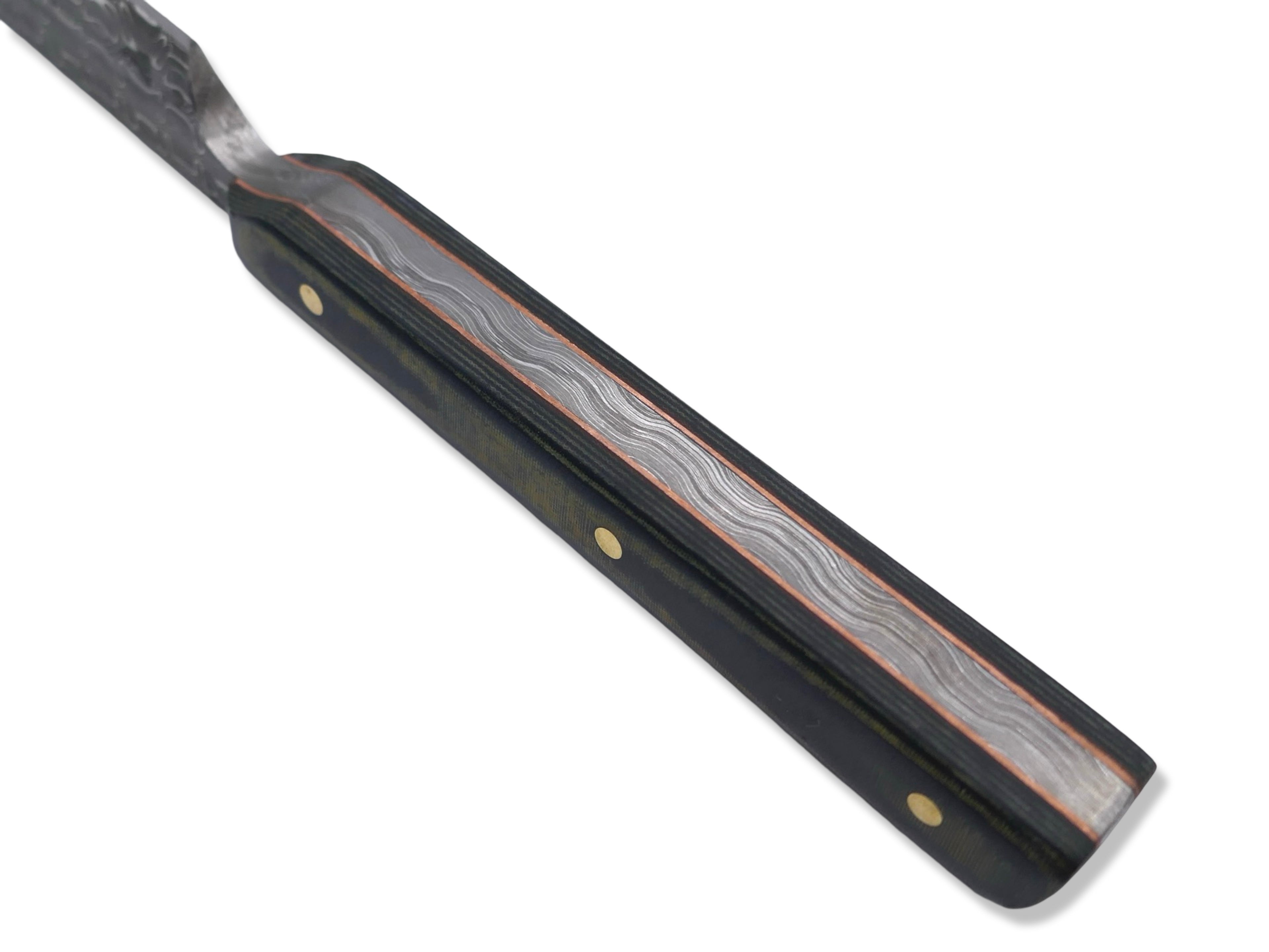 Tanto Scalpel - Vegas Forge Stainless Reptilian San Mai / 70’s Westinghouse Tan / Black Canvas Micarta